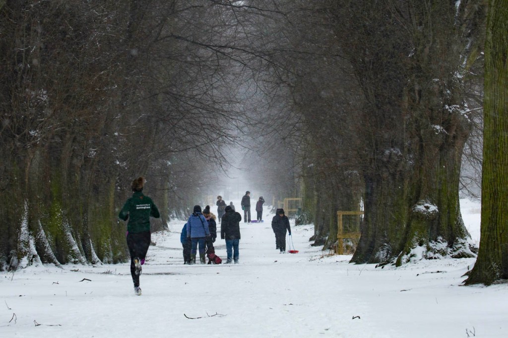 Ein Läufer in einem verschneiten Park