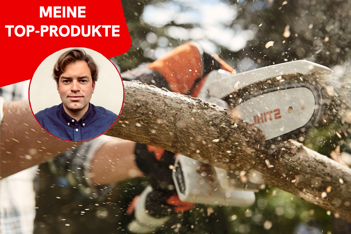 Eine Mini-Kettensäge sägt sich durch einen Ast.