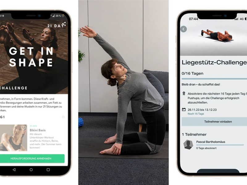 Ein dreigeteiltes Bild: rechts und links ein Smartphone mit geöffneten Fitness-Apps, in der Mitte eine Frau in Sportpose.