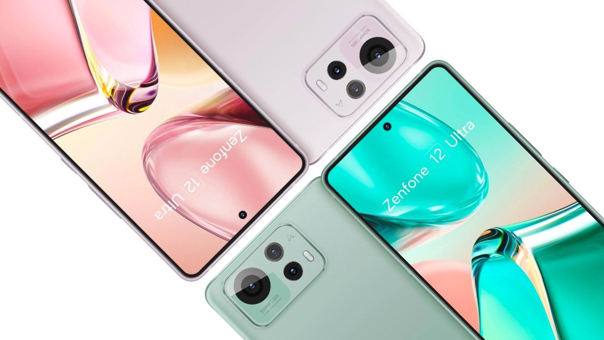 Zwei Versionen des Asus Zenphone 12 Ultra aus verschiedenen Perspektiven fotografiert.