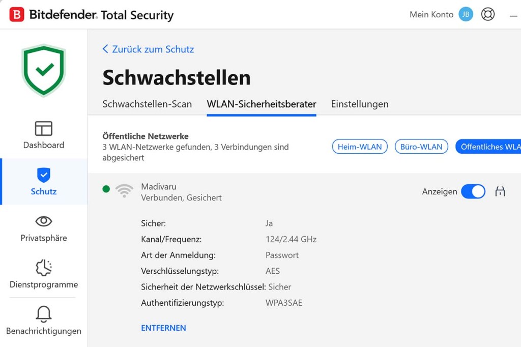 Screenshot vom Schwachstellen-Scan-Ergebnis bei Bitdefender Total Security