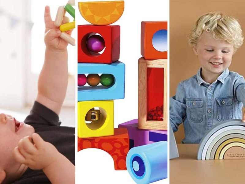 Dreigeteiltes Bild: links Baby hält Greiling in die Luft, Mitte gestapelte Holzklötze auf weißem Grund, rechts Kind mit Holz-Regenbogen